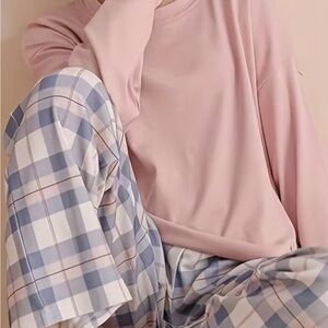 Pink Long Sleeve Top and Plaid Pants Set